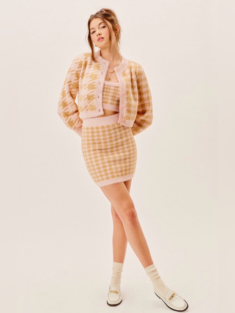 For Love & Lemons “Cher” 3-Piece Set | Pink Houndstooth | Size M